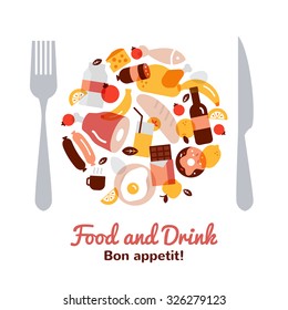 Food and drink concept in a plate shape with fork and knife flat vector illustration 