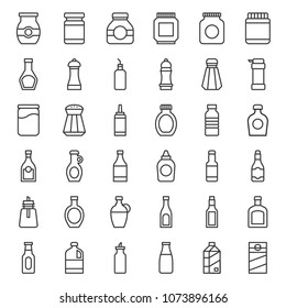 Food And Drink Container Outline Icon, Such As Salt Shaker, Olive Oil Bottle, Peanut Butter Jar, Jam Glass Bottle, Milk Carton, Maple Syrup, Sauce, Wine, Soy Sauce