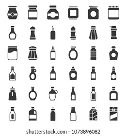 Food and drink container solid icon, such as salt shaker, olive oil bottle, peanut butter jar, jam glass bottle, milk carton, maple syrup, sauce, wine, soy sauce