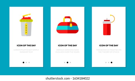 Food and drink containers flat icon set. Lunchbox, bottle, flask, shaker isolated sign pack. Homemade lunch, healthy food, outdoor workout concept. Vector illustration symbol elements for web design