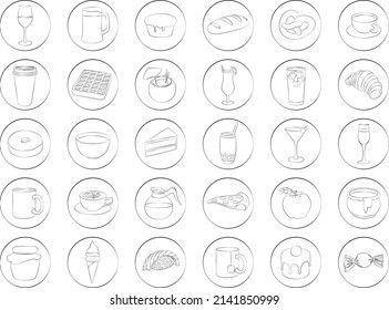 Food and drink contour pattern black and white icon collection vector illustration
