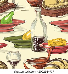 Food and drink cooking seamless pattern. Traditional cuisine design elements