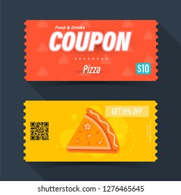 Food and drink coupon ticket card. Pizza element template for graphics design. Vector illustration