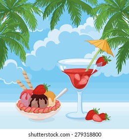 Food and Drink, Cup of Ice Cream, Almond Nuts and Strawberries and a Glass with Berry Cocktail on The Background of Blue Sky with Clouds and Palm Leaves. Vector