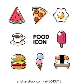 food and drink cute flat line illustration vector icon: watermelon, pizza, fried egg, tea, coffee, ice cream, hamburger, sushi