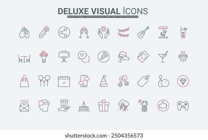 Food and drink, decoration of fun birthday party line icon set. Music and gifts for happy event and holiday, alcohol menu of banquet and balloons thin black and red outline symbols vector illustration