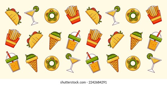 Food and Drink. Donut, tequila, taco, potato stick and ice cream icon pattern