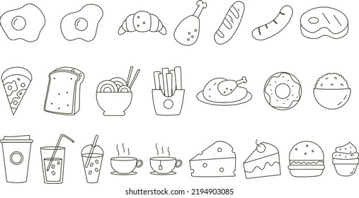 Food and drink doodle collection. Coffee, tea, bread, cheese, sausage, burger, fries, donut, fried chicken, grilled chicken, steak, cupcake, pizza slice, fried egg, croissant, noodle.