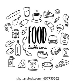 Food and drink doodle hand drawn icons. Food icons set.