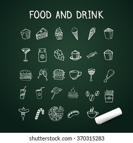 Food and drink doodles Icons on chalkboard with chalk