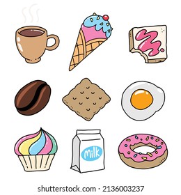 Food and drink drawing, cute colorful doodle illustration on white background.