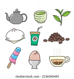 Food and drink drawing, cute colorful doodle illustration on white background.