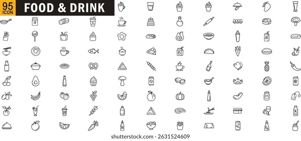 Conjunto de ícones de contorno editável de alimentos e bebidas. Frutas, bebidas, sobremesas, refeições, ingredientes e muito mais.