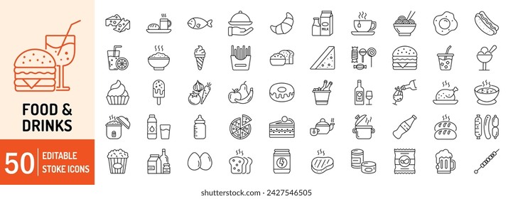 Food and Drink editable stroke outline icons set. Food, drink, chicken, cocktail, beverage, dessert, bakery, alcohol and cookies. Vector illustration