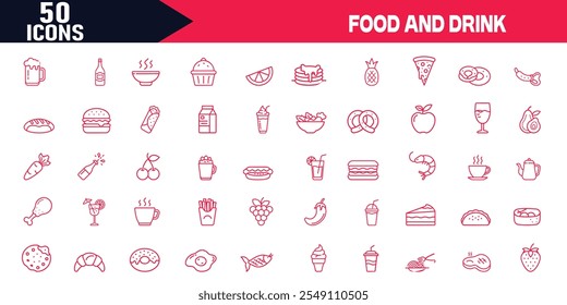 Food and Drink Editable Stroke Outline Icons Set ,Vector Illustration for Menu, Restaurant, Cafe, and Grocery Graphics