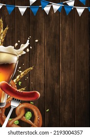 Food and drink elements for traditional beer festival Oktoberfest. Beer mug, sausage and pretzel on wooden background. Highly detailed illustration.