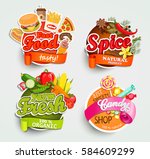 Food and drink elements, typographical design label or sticker - fast food, spice, candy shop, farm fresh - design template. Vector illustration.
