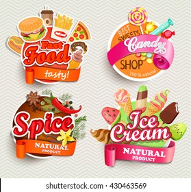 Food and drink elements, Typographical Design Label or Sticker - fast food, spice, candy shop, ice cream. Vector illustration.