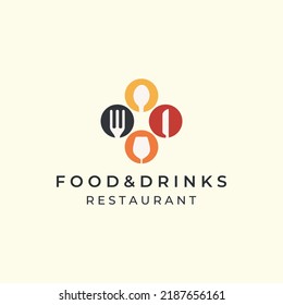 food and drink with flat color and emblem style logo icon template design. restaurant, bakery, spoon, fork, knife, glass vector illustration