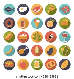 Food And Drink Flat Design Long Shadow Round Icons Vector Set. Collection Of 25 Nutrition And Beverage Related Color Symbols In Circles