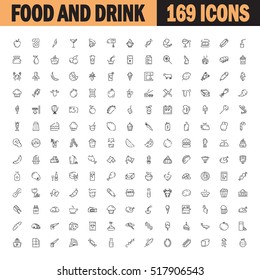 Food and drink flat icon set. Collection of high quality outline symbols of food and drink for web design, mobile app. 169 vector thin line vector icons or logo of meat, sweets, seafood, bakery, etc.