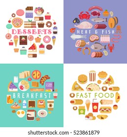 Food and drink flat illustration set. Meat, fish , bread, seafood, fast food, dessert. Breakfast icons. Circular composition. Cartoon casual style.