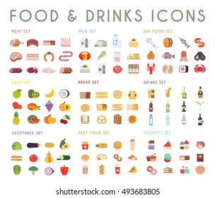 Food and drink flat vector icons set. Meat, milk, bread, seafood, fruits, vegetables, alcohol, fast food, dessert.