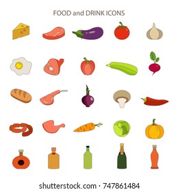 Food and drink flat vector icons set