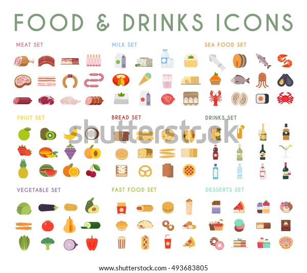 Food and\
drink flat vector icons set. Meat, milk, bread, seafood, fruits,\
vegetables, alcohol, fast food,\
dessert.