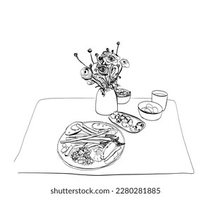 Food, drink and flowers on table. Monochrome