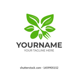 Food and drink, fork, spoon and leaves, logo design. Vegetarian food, organic and natural meal, eatery and restaurant, vector design and illustration