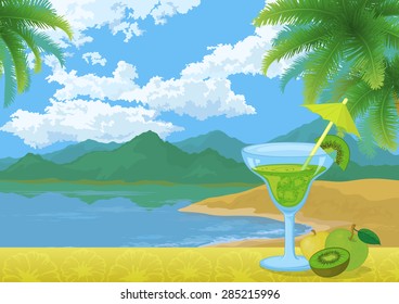 Food and Drink, Glass with Cocktail, Drinking Straw, Kiwi Fruit and Apples on the Background of Sea Bay, Mountains, Blue Sky with Clouds and Palm Trees Leaves. Eps10, Contains Transparencies. Vector
