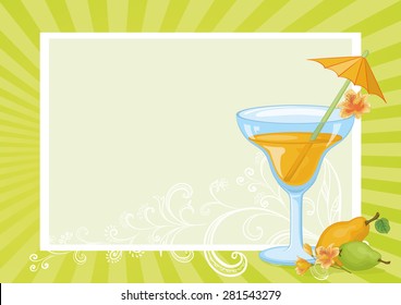 Food and Drink, Glass with Juice, Straw with Umbrella, Pears and Flowers Alstroemeria on the Background with Abstract Floral Pattern and Rays. Eps10, Contains Transparencies. Vector