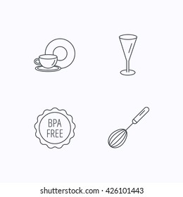 Food and drink, glass and whisk icons. BPA free linear sign. Flat linear icons on white background. Vector