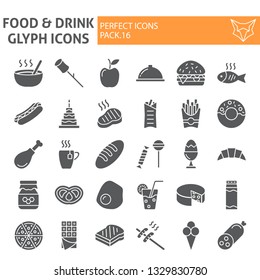 Food and drink glyph icon set, meal symbols collection, vector sketches, logo illustrations, eating signs solid pictograms package isolated on white background, eps 10.