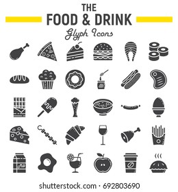 Food and drink glyph icon set, meal symbols collection, vector sketches, logo illustrations, signs solid pictograms package isolated on white background, eps 10.