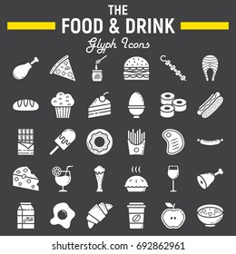 Food and drink glyph icon set, meal symbols collection, vector sketches, logo illustrations, signs solid pictograms package isolated on black background, eps 10.