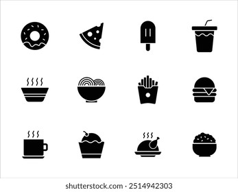 Essen und Trinken Glyphe Icons Set. Vektorgrafik im Glyphenstil von ernährungsbezogenen Symbolen: Wassermelone, Fleisch, Kuchen, Getränk, Honig, Popcorn, Kekse und mehr. Einzeln auf weiß.