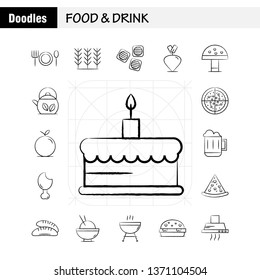 Food And Drink Hand Drawn Icons Set For Infographics, Mobile UX/UI Kit And Print Design. Include: Food, Restaurant, Dinner, Cereal, Food, Wheat, Bbq, Meat, Icon Set - Vector