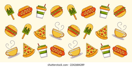 Comida y bebida. Hotdog, hamburguesa, pizza, café y helado patrón icono