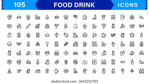 Food and Drink Icon Collection with Culinary, Beverage, Healthy Eating, Cooking, and Dining Icons in a Minimalist, Download-Ready Style