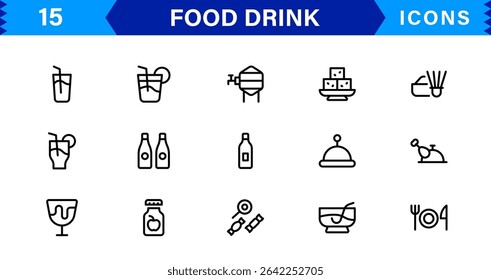 Comida e Bebida Icon Collection com Culinária, Bebidas, Comer Saudável, Cozinhar e Jantar Ícones em um Estilo Minimalista, Download-Ready