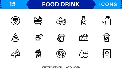 Comida e Bebida Icon Collection com Culinária, Bebidas, Comer Saudável, Cozinhar e Jantar Ícones em um Estilo Minimalista, Download-Ready