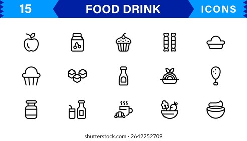 Comida e Bebida Icon Collection com Culinária, Bebidas, Comer Saudável, Cozinhar e Jantar Ícones em um Estilo Minimalista, Download-Ready