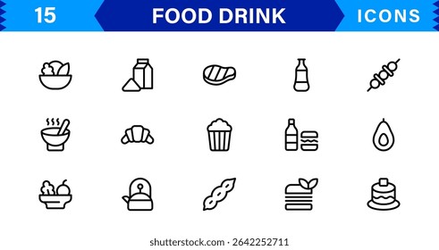 Food and Drink Icon Collection with Culinary, Beverage, Healthy Eating, Cooking, and Dining Icons in a Minimalist, Download-Ready Style