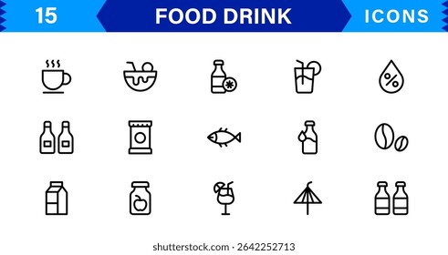 Comida e Bebida Icon Collection com Culinária, Bebidas, Comer Saudável, Cozinhar e Jantar Ícones em um Estilo Minimalista, Download-Ready
