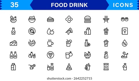 Comida e Bebida Icon Collection com Culinária, Bebidas, Comer Saudável, Cozinhar e Jantar Ícones em um Estilo Minimalista, Download-Ready