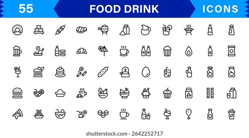 Comida e Bebida Icon Collection com Culinária, Bebidas, Comer Saudável, Cozinhar e Jantar Ícones em um Estilo Minimalista, Download-Ready