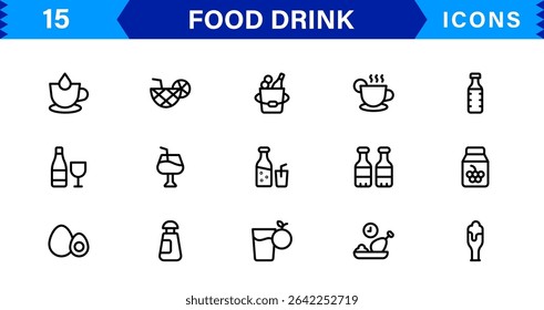 Comida e Bebida Icon Collection com Culinária, Bebidas, Comer Saudável, Cozinhar e Jantar Ícones em um Estilo Minimalista, Download-Ready