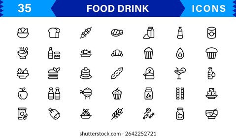 Comida e Bebida Icon Collection com Culinária, Bebidas, Comer Saudável, Cozinhar e Jantar Ícones em um Estilo Minimalista, Download-Ready